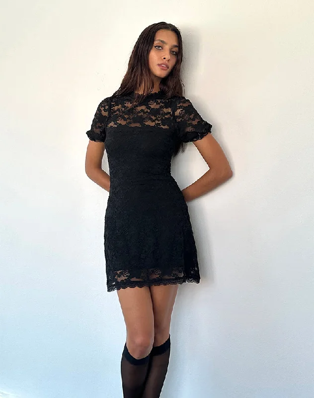 Adele Mini Tea Dress in Black Jasmine Lace