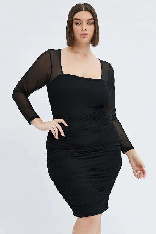 Black Bodycon Dress Long Sleeve Ruched Mesh