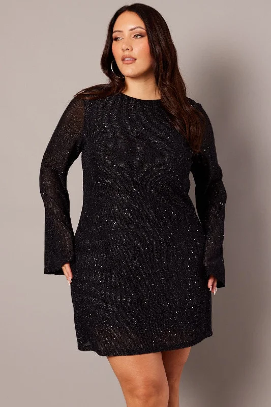 Black Sparkle Flare Sleeve Cowl Low Back Minidress