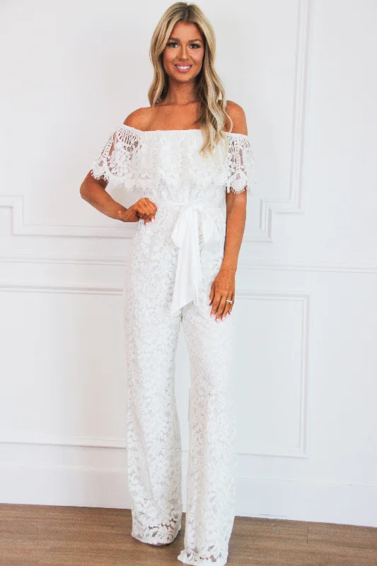 Daydreamer Lace Off Shoulder Jumpsuit: Off White