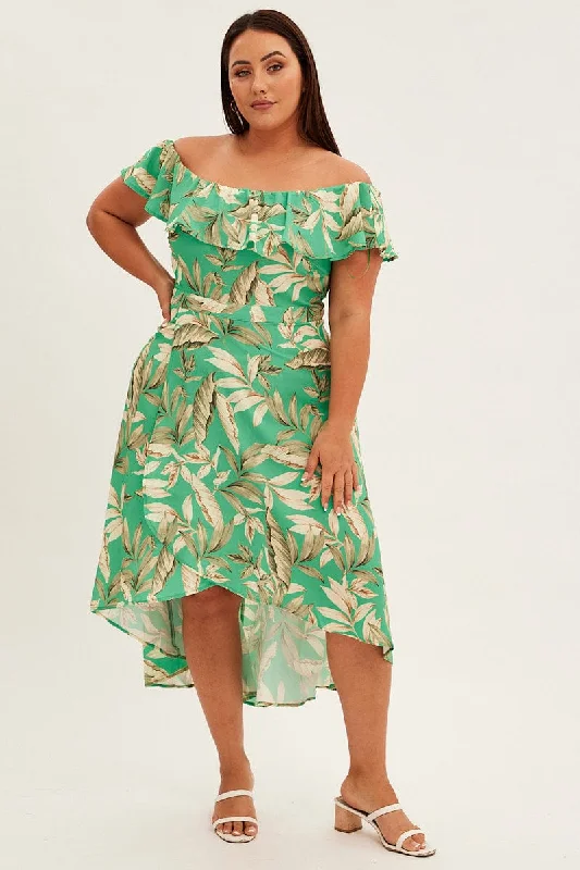 Green Floral Maxi Dress Off Shoulder Crepe