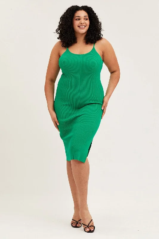 Green Midi Knit Bodycon Dress Scoop Neck Sleeveless