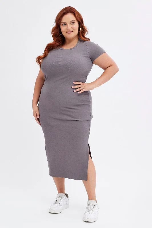 Grey Bodycon Dress Short Sleeve Midi Rib