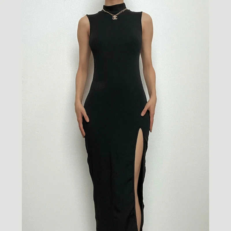 BerryBetty - High neck sleeveless solid slit irregular midi dress