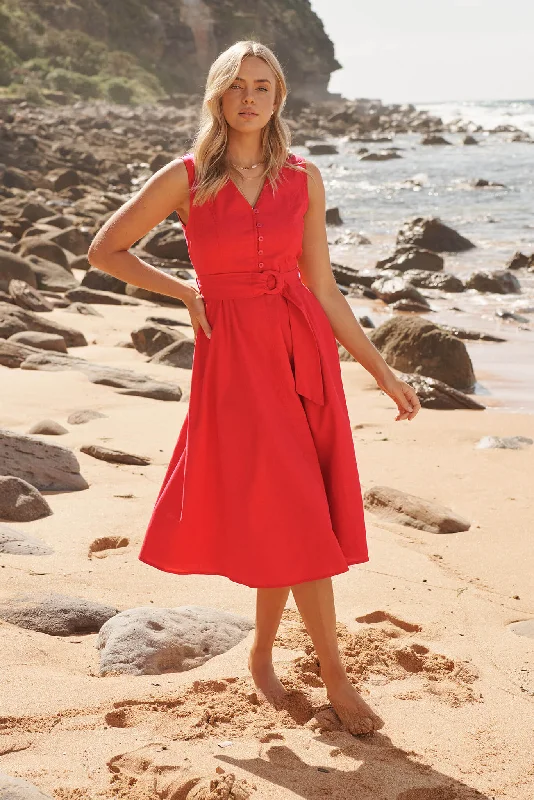 Iliya Midi Dress in Red Cotton Linen