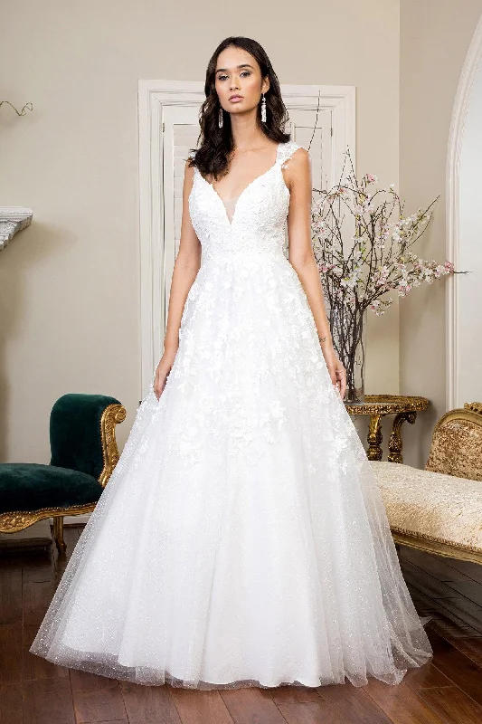 Long Floral Cap Sleeve Glitter Mesh Wedding Gown