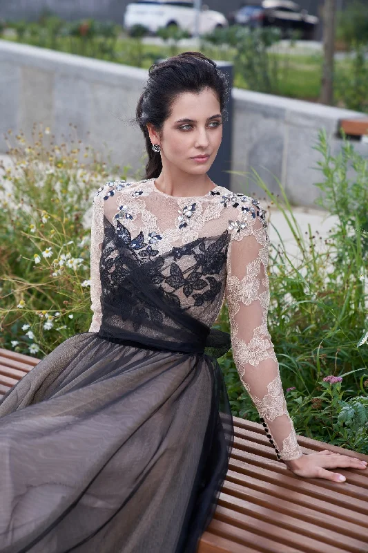 Long Sleeve Lace and Tulle Midi Black Dress