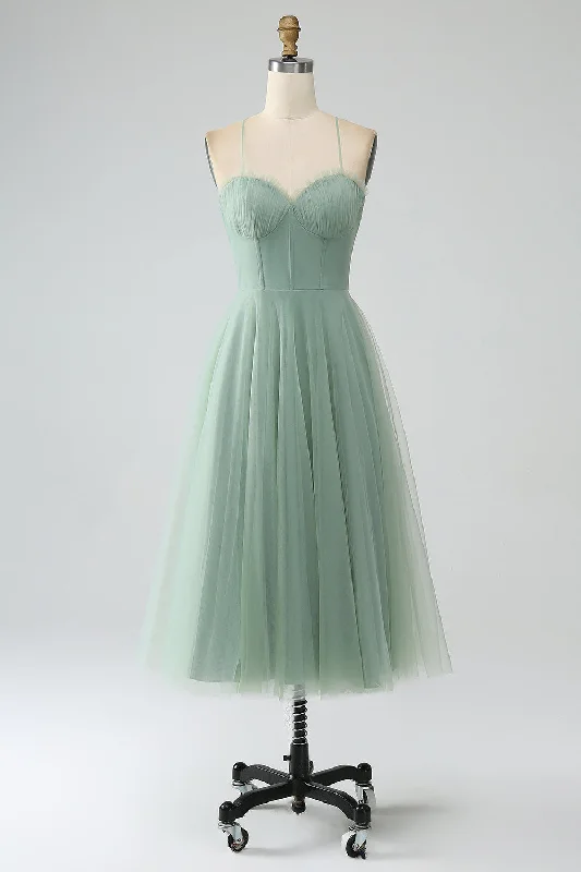 Matcha A-Line Spaghetti Straps Tea-Length Corset Tulle Bridesmaid Dress