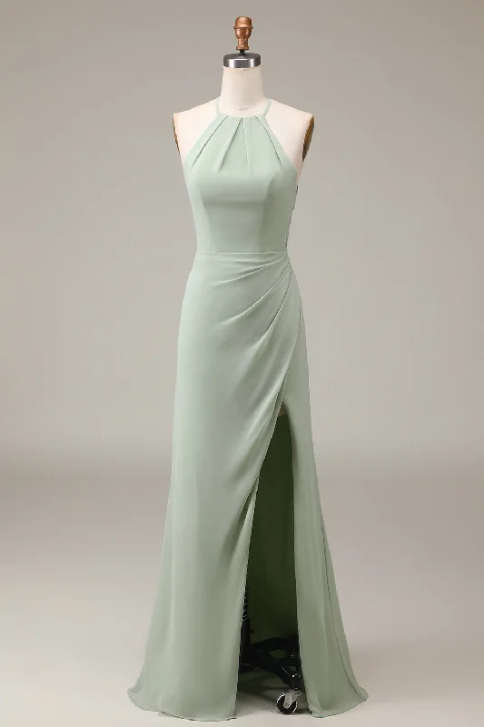 Matcha Halter Neck Sheath Pleated Bridesmaid Dress with Slit