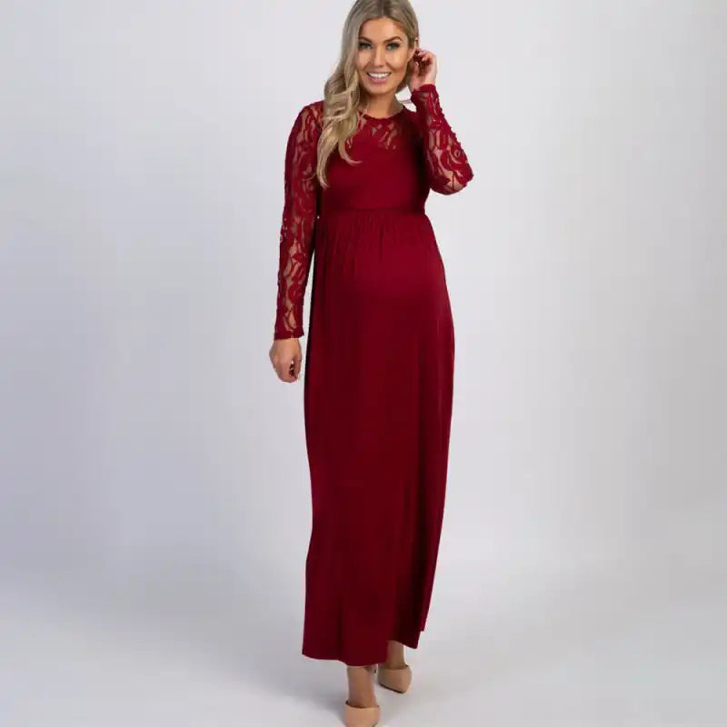 Long Sleeve Lace Dress Solid Color Long Dress