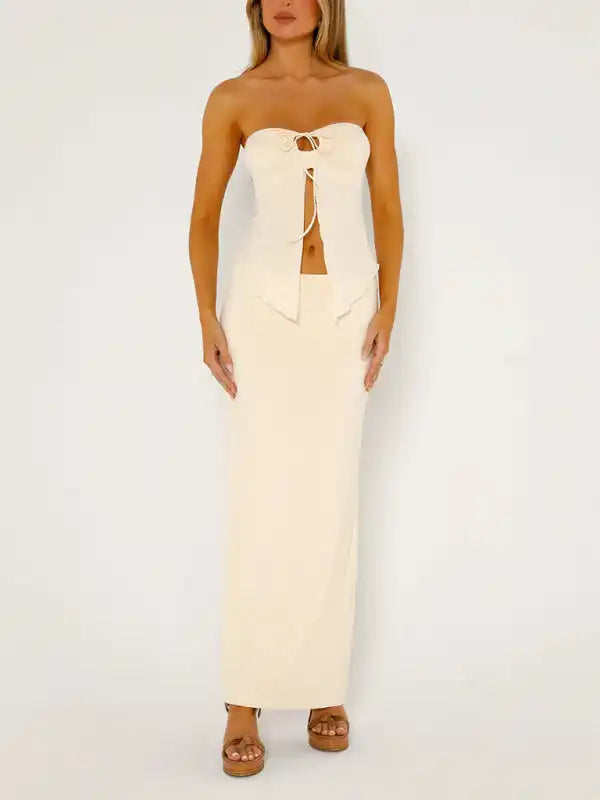 Temperament solid color sleeveless mesh double layer slit tube top vest long skirt suit