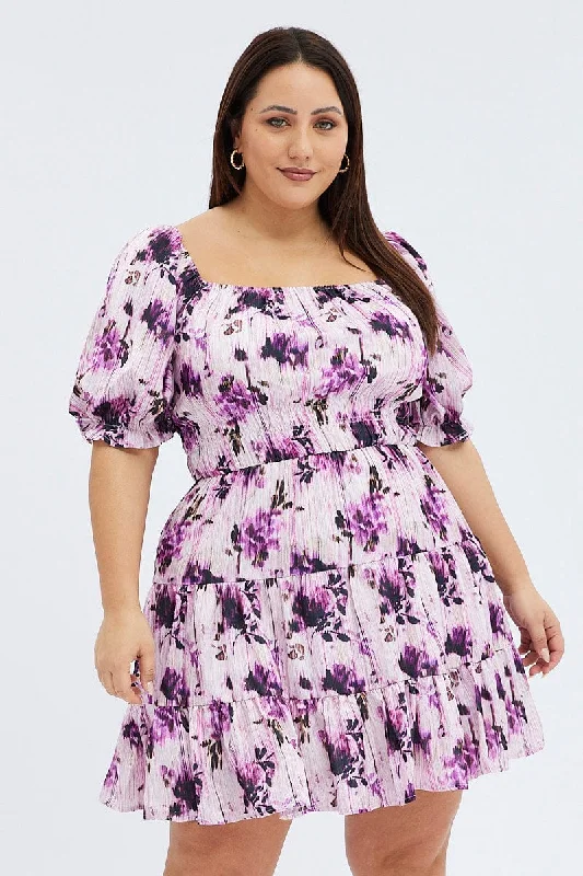 Purple Floral Skater Dress Gather Frill Hem