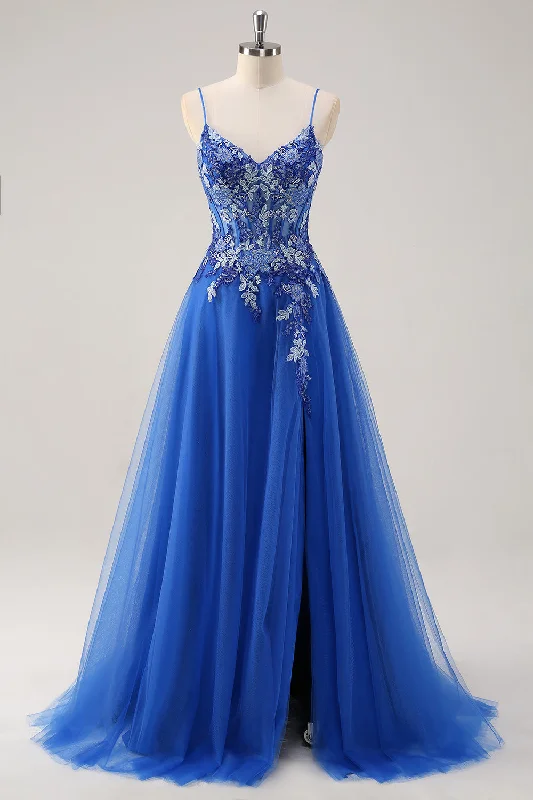 Royal Blue A Line Spaghetti Straps Corset Tulle Prom Dress With Embroidery