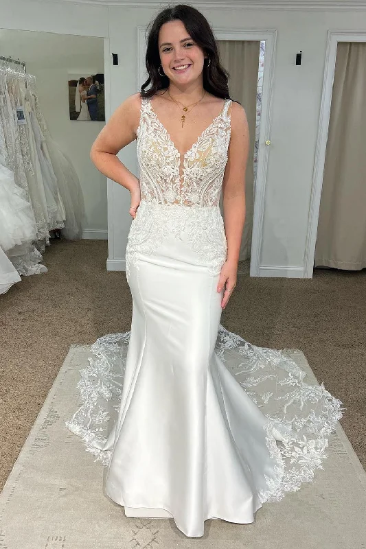 White Deep V-Neck Mermaid Long Wedding Dress with Lace