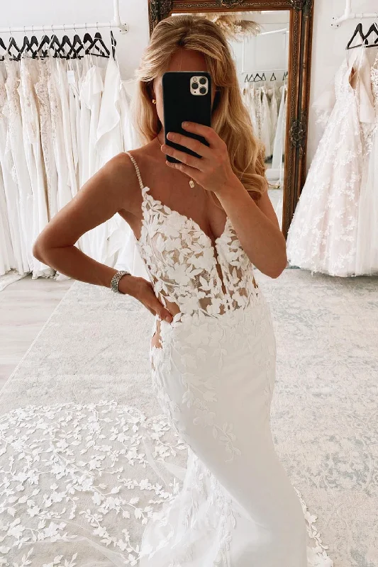 White Spaghetti Straps Backless Long Wedding Dress with Lace