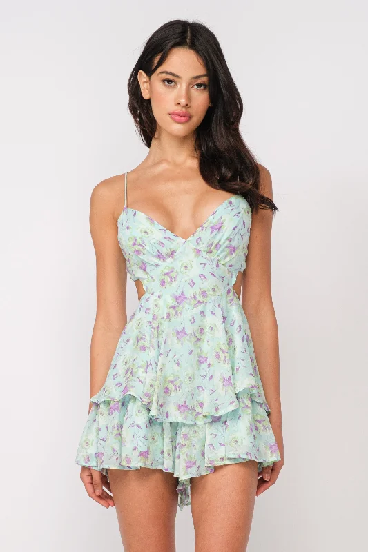 Aristea Mint Floral Cutout Romper Dress