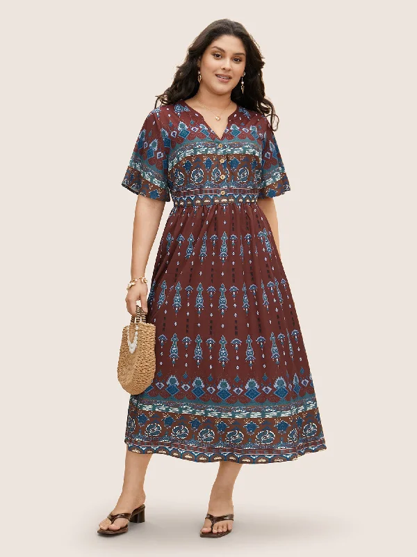 Bandana Print Notched Button Detail Dress