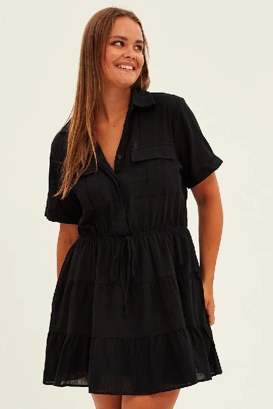 Black Cargo Shirtdress Short Sleeve Cotton Mini