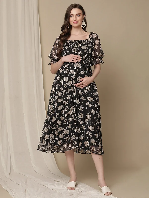 Black Flower Print Maternity Dress