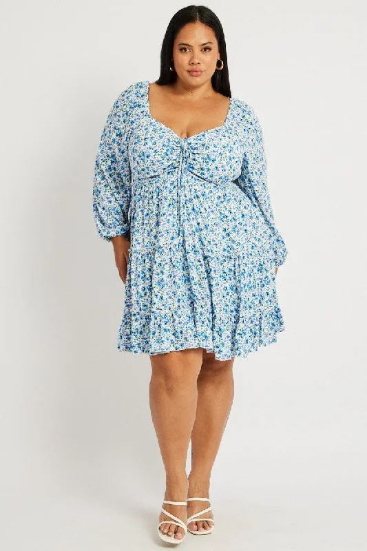 Blue Ditsy Long Sleeve Tie Front Ditsy Dress