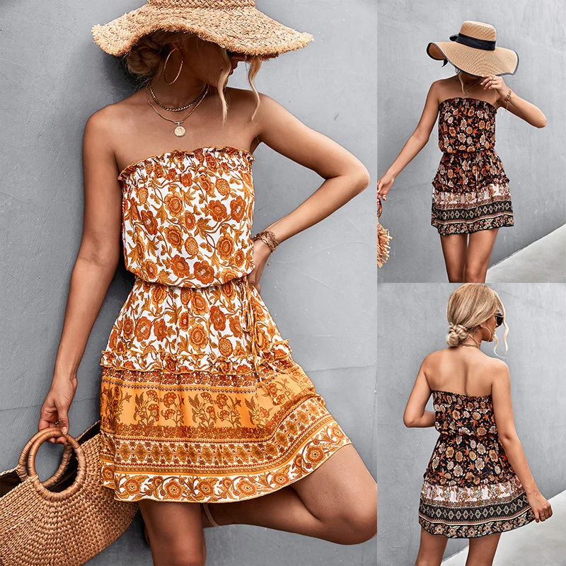 Bohemian Summer Floral Print Mini Strapless Dress