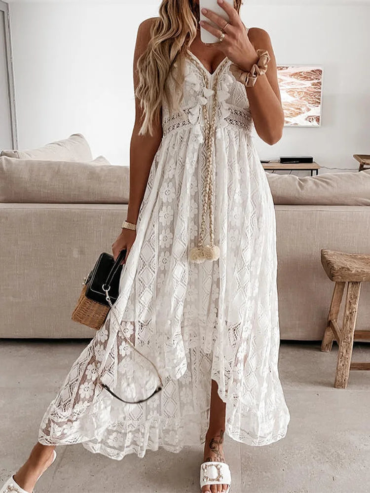 Boho White Beige Lace V Neck Dress