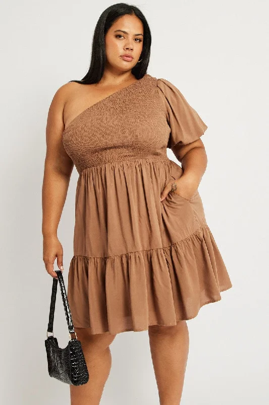 Brown One Shoulder Dress Shirred Bodice Pockets