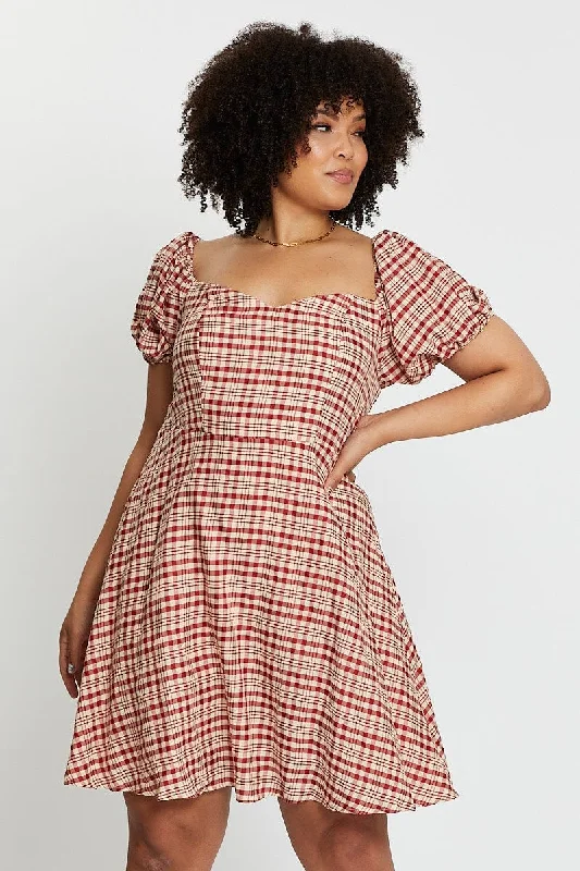 Check Short Bubble Sleeve Skater Dress