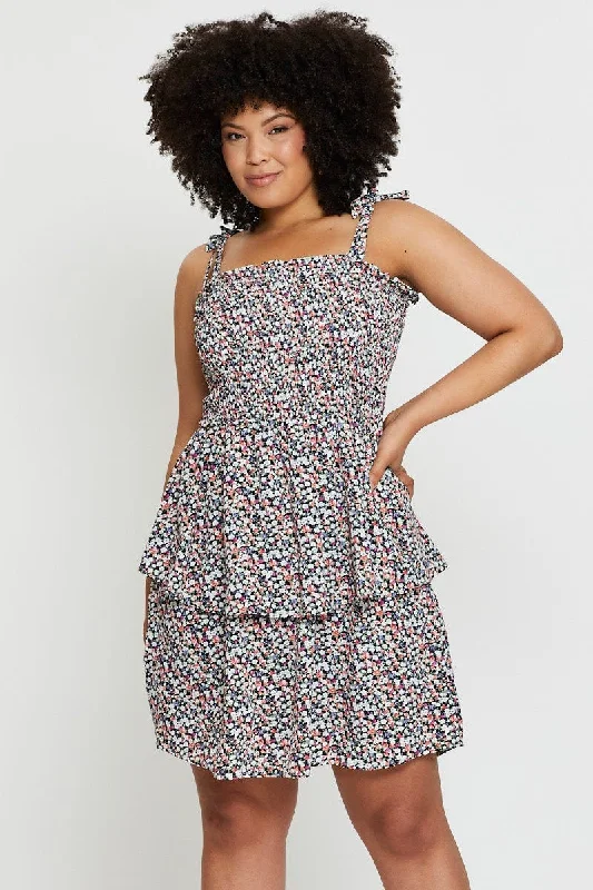 Ditsy Print Ruffle Dress Square Neck Sleeveless