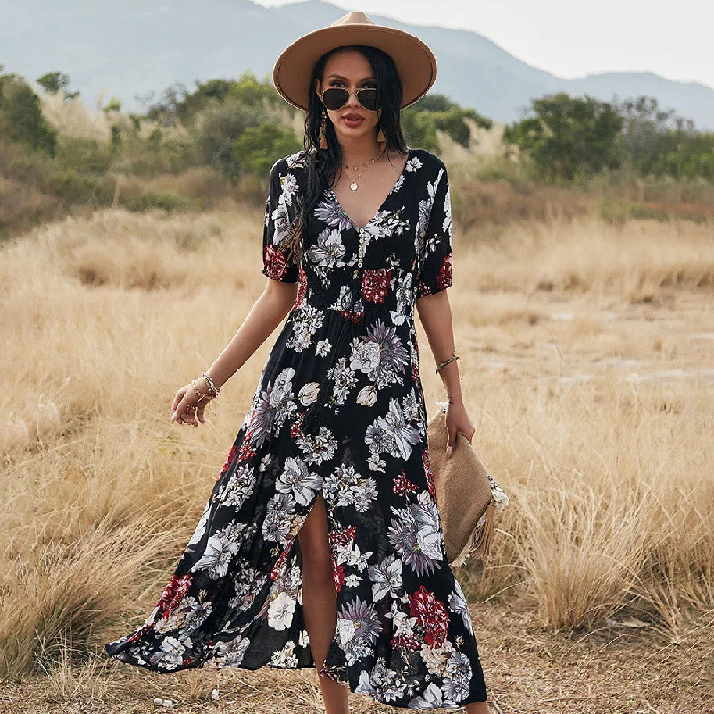 Floral V Neck Elastic Waist Summer Dress