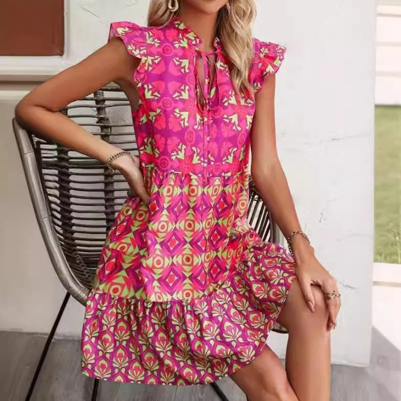 Hot Pink Summer Fashion Lace-up Straight Dresses with V-Neck & Ruffle Flying Sleeves