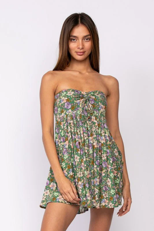 Lena Green Floral Print Strapless Mini Dress