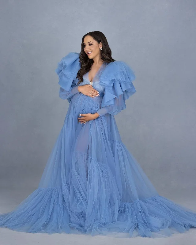 Long Sleeves Tulle Maternity Dress for Photo Shoot Maternity Robe