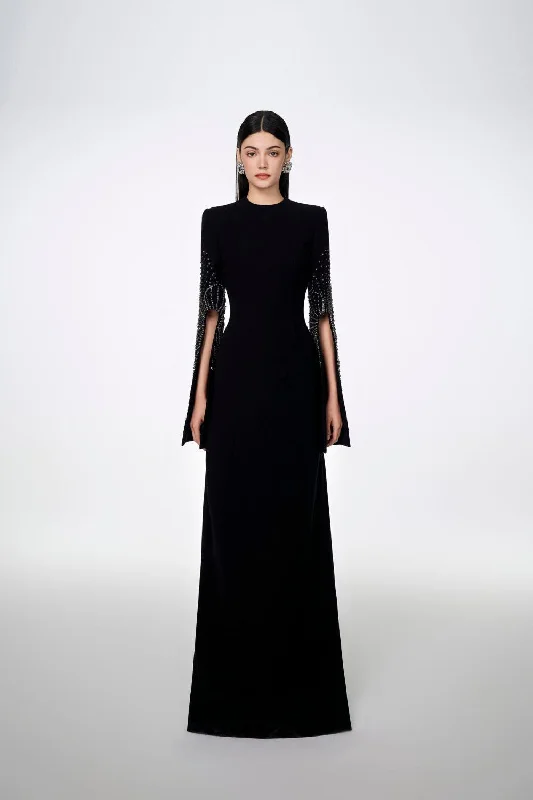 Madeline Bodycon Slit Sleeved Crepe Floor Length Dress