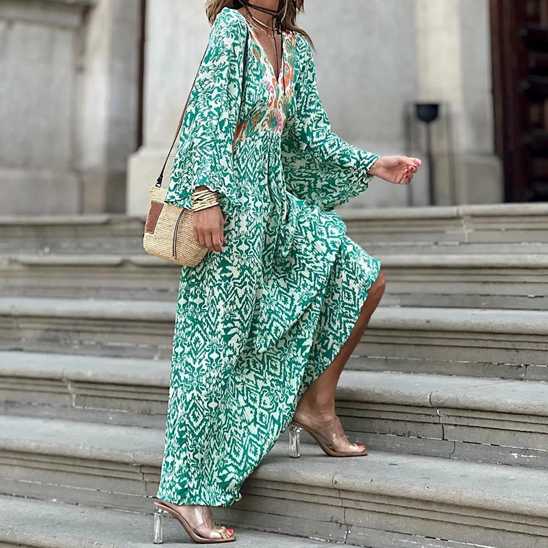 Mint Green V-neck Printed Dress with Puff Sleeve