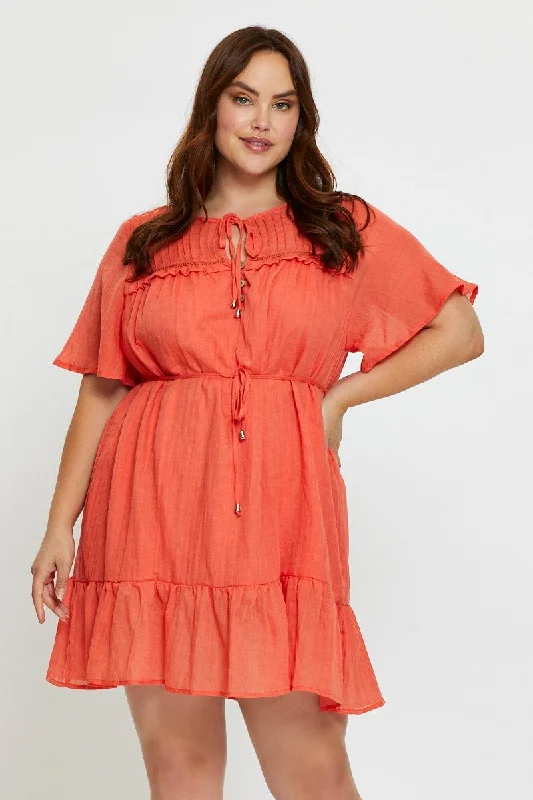 Orange Skater Dress Round Neck Short Sleeve Tie Front