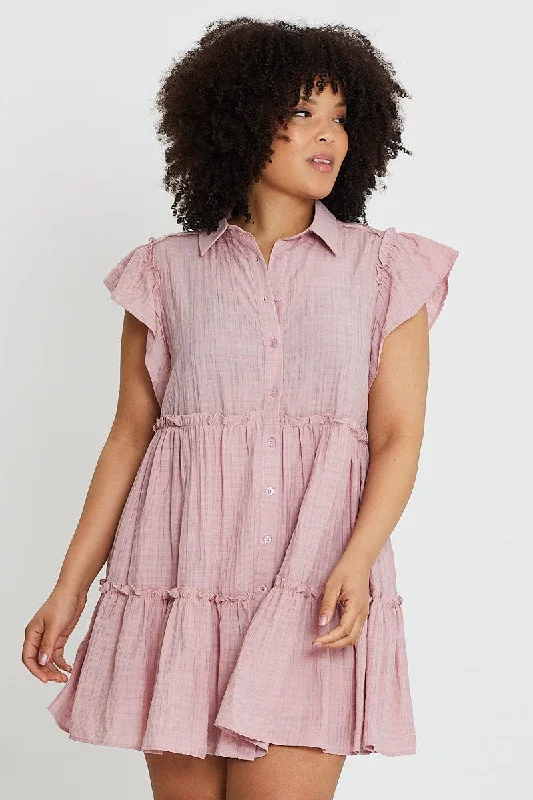 Pink Short Frill Sleeve Textured Blush Shirtdress