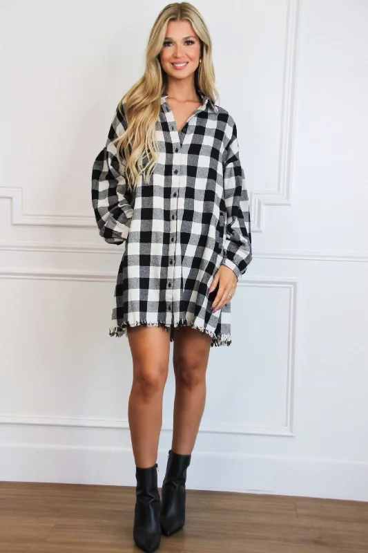 Pumpkin Patch Plaid Shirt Dress: Black/White