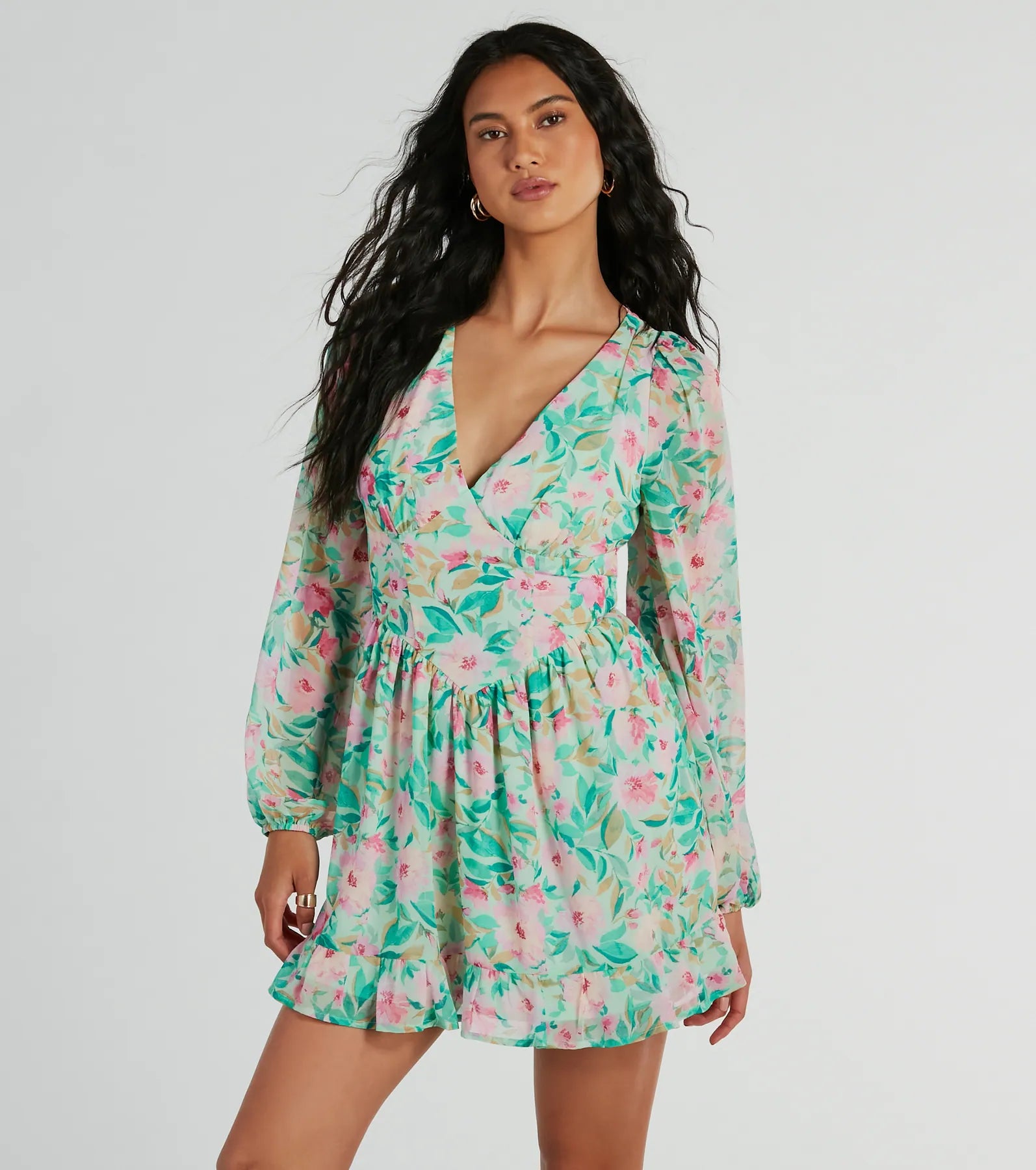 Radiant Vacay V-Neck Floral Chiffon Skater Dress