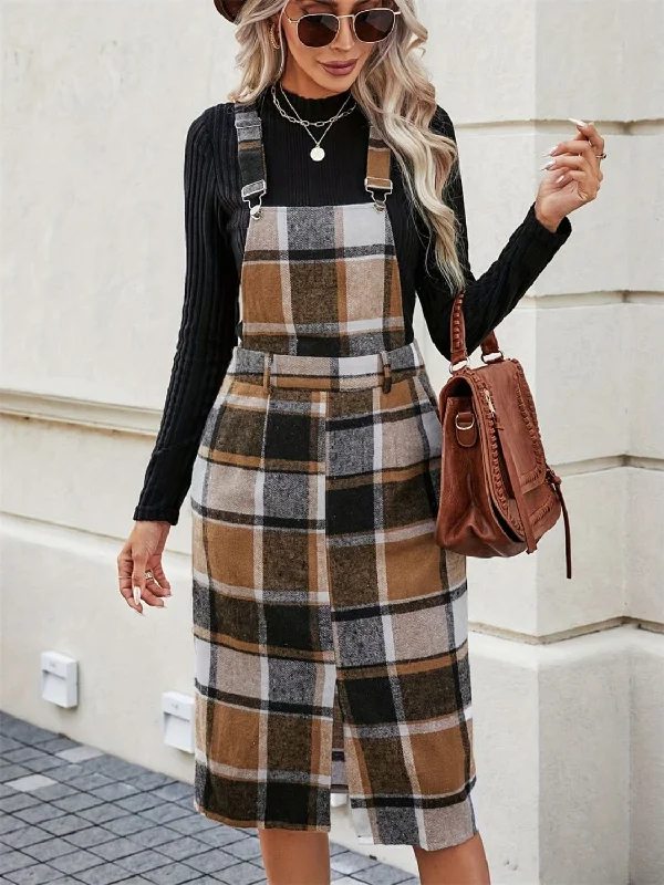 Chic plaid overall dress with pockets