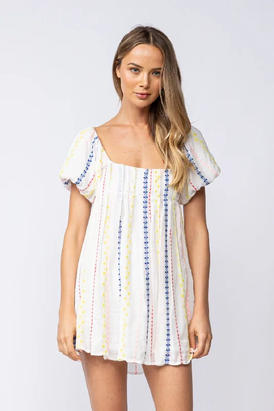 Stefania White Embroidered Puff Sleeve Dress