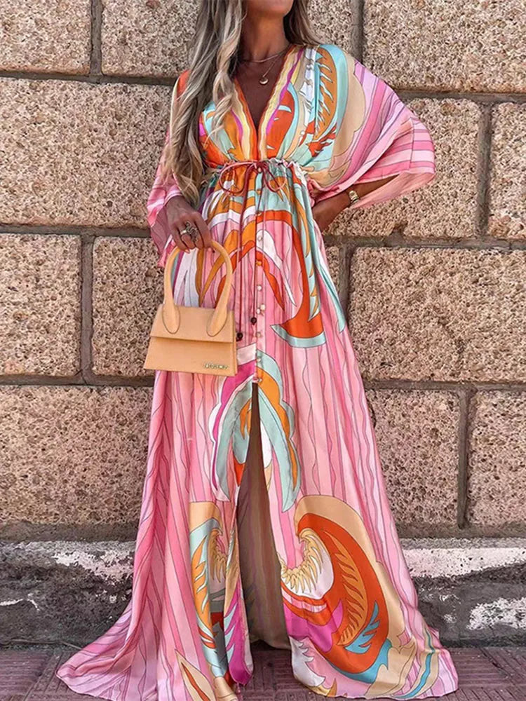 Elegant Artsy Print Oversized Holiday Beachy Maxi V-Neck Dress