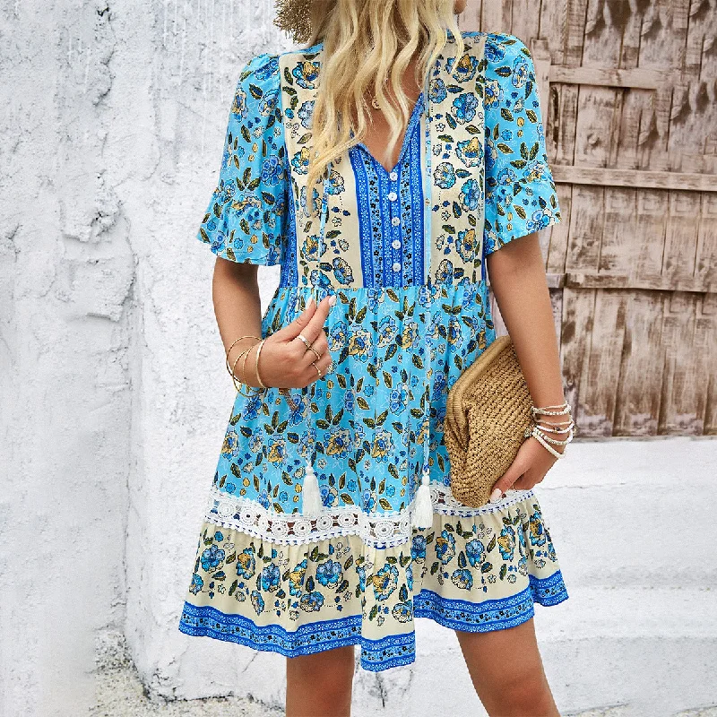 Breezy Floral Blue Print Casual Ruffle  Dress